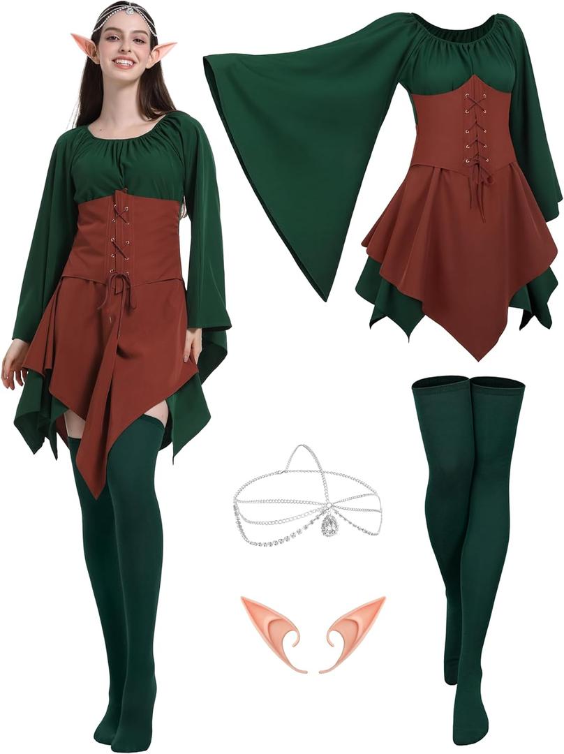 4 Pcs Fairy Costume for Woman Renaissance Dress Costume, Women Elf Medieval Irish Dress Ear Head Chain for Halloween (Large)