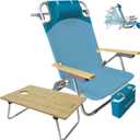 Folding Backpack Beach Chair for Adults & Teens Aluminum 5-Position Lay Flat Lounge Chair with Camping Bamboo Table 200LBS Beach Reclining Chair Outdoor with Cooler Bag Cyan