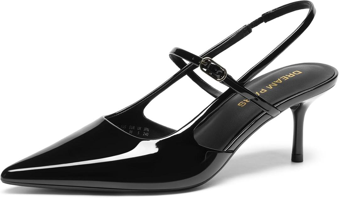 DREAM PAIRS Mary Jane Shoes Women Kitten Slingback Pointed Closed Toe Heels Dress Party Casual Comfortable Pumps Shoes (9, Black-Pat)