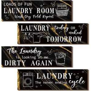 Yulejo 4 Pcs Laundry Room Wall Decor Funny Wooden Sign with Humorous Quotes Rustic Farmhouse Decoration for Laundry Room Bathroom Restroom Washroom Toilet Home