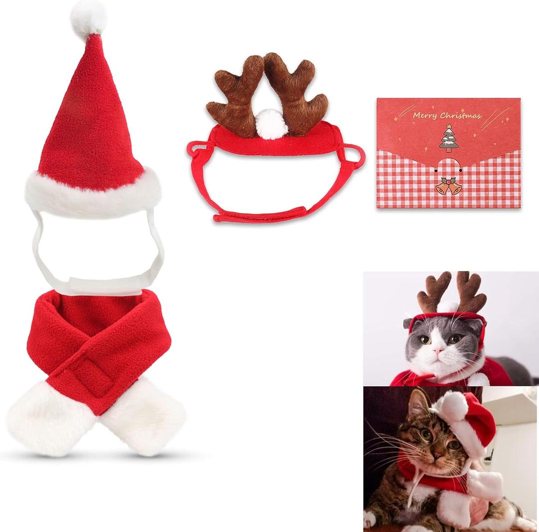 Cat Santa Christmas Hat + Muffler + Elk Antler Reindeer Hat + Mini Xmas Card with Slider Storage Bag, Head Wear Accesories Christmas Costume Outfits for Pet Dog Cat Rabbit(Pack of 4 Pcs)