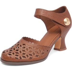 NEWBELLA Womens Mary Janes Vintage Pumps with Adjustable Ankle Strap & Embossed Cutou Design, Comfortable Flared Heels for Casual & Dressy Brown, Size 6.5