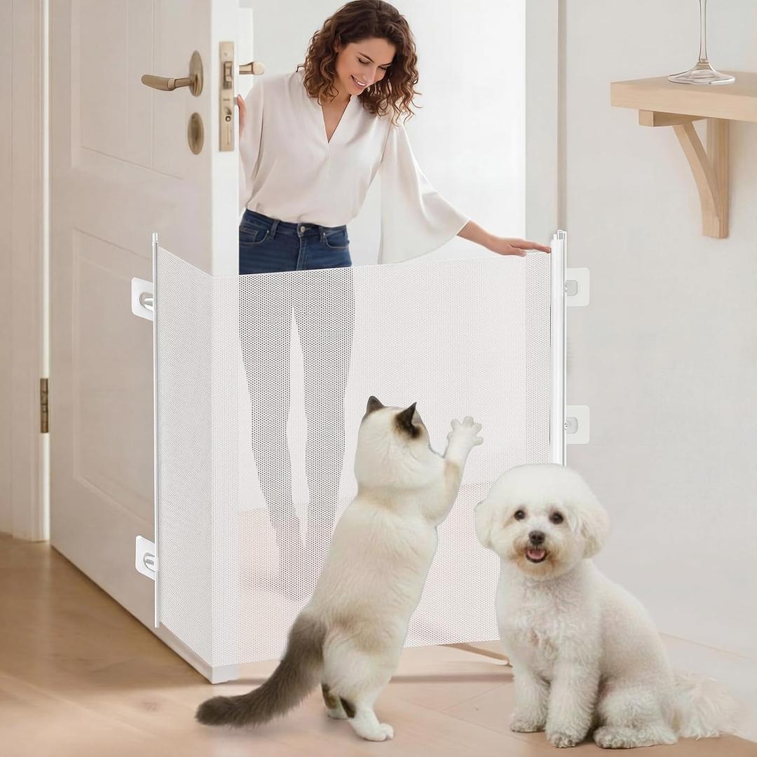 Retractable Dog Gate No Drilling Screen Cat Mesh Gate Door for House Doorways Stairs Safety 30 x 70 Inches Large Pets Easy Install Portable Adjustable with 5 Hanging Hooks Indoor Door(White)
