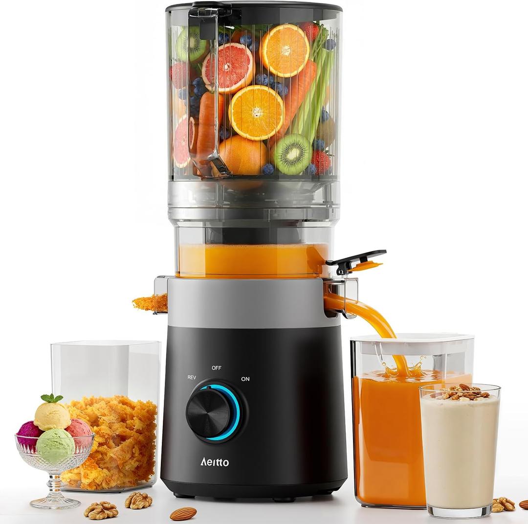 Aeitto 3-in-1 Cold Press Juicer for Juice, Nut Milk & Sorbet – Filter-Free Design for Effortless Cleaning, 6.0" Extra Large Chute Fits Whole Fruits & Vegetables, Juicer Machines High Yield, With Brush