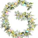 6FT Lighted Easter Garland,Easter Egg Garland Decorations with 20 LED Lights,Flowers,Lamb Ears Leaves,Timer,Easter Spring Floral Garlands for Mantle,Stairs,Door,Home,Fireplace, Party,Indoor