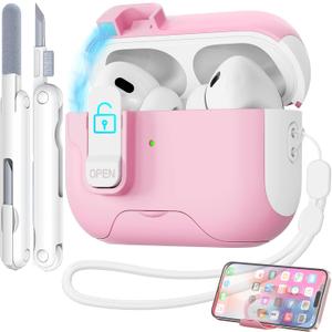 2 x for AirPods Pro 2 Case with Safety Lock & Phone Stand, Auto Opening AirPods Pro Case Cover Compatible with Airpods Pro 2nd/1st Generation Cases for Women Girly with Cleaner,Lanyard, Drop Protective
