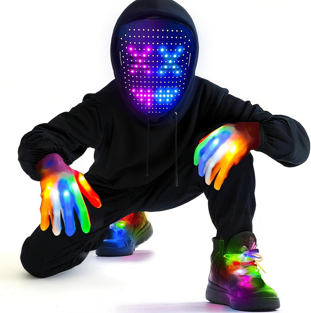 Camlinbo LED Mask & Glow Set with Gesture Sensing, Unisex Teens Light Up Mask Gloves and Shoelaces, Cool Stuff Gifts for Christmas New Year's Eve Costume Party Masquerade