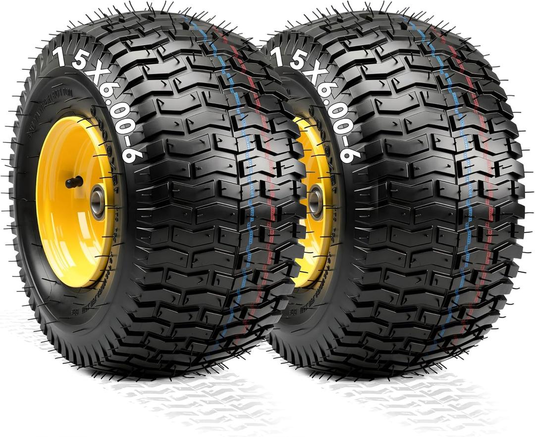 YITAMOTOR 15x6.00-6 Flat Free Lawn Mower Tires & Wheel Assemblies, 4 Ply Pneumatic Front Tires Replacement Fits John Deere, Lawn Tractors, More Riding Mowers | 3" Offset Hub, 3/4" Bearings (2 Pack)