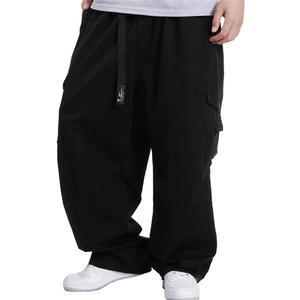 Kinghua Mens Baggy Cargo Pants Casual Loose Fit Elastic Waist Cotton Twill Cargo Pants, Black, Size 46