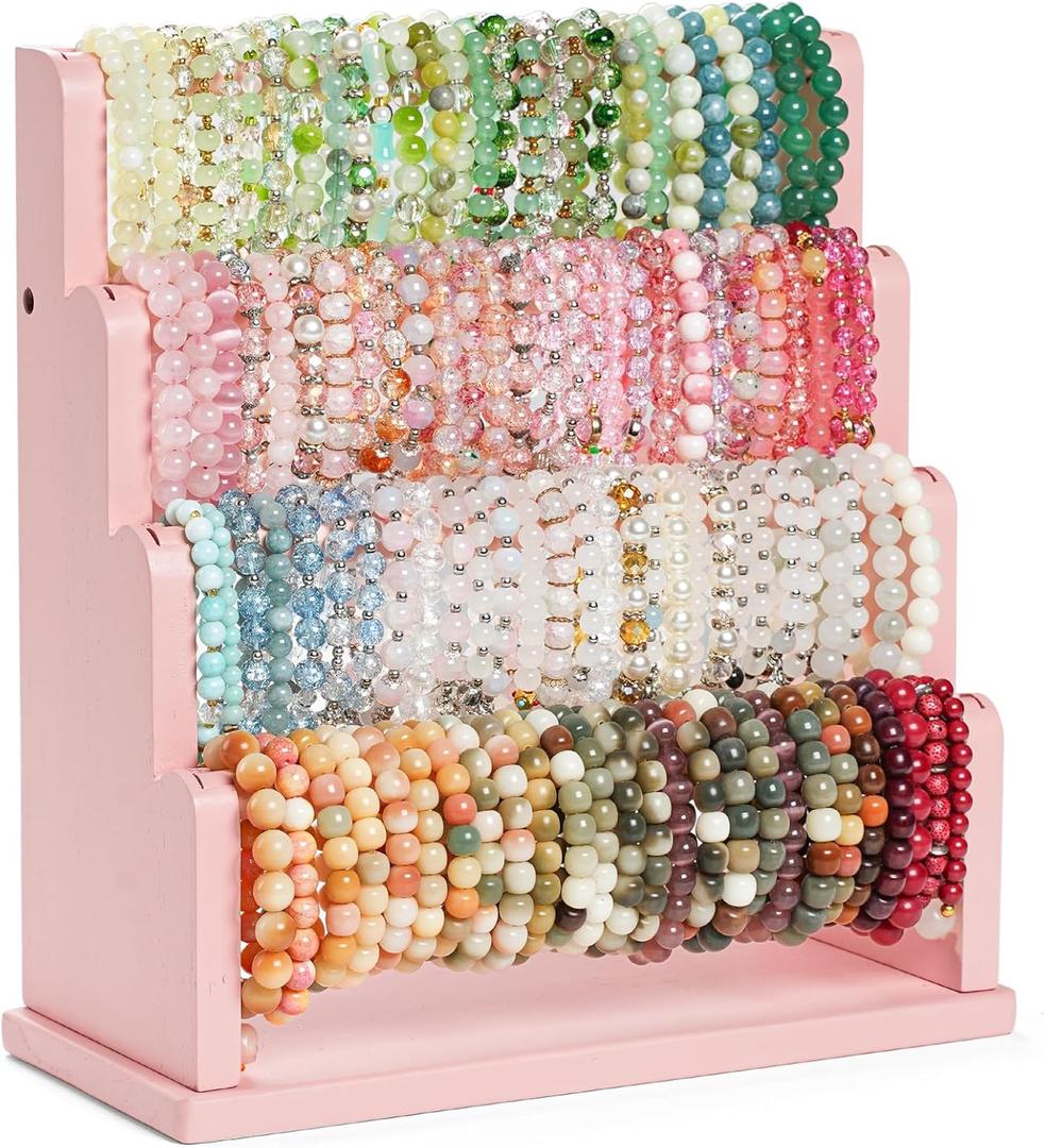 Emfogo Bracelet Holder, 4 Tier Bracelet Organizer Storage for Bracelets Bangles Watch Scrunchies, Rustic Wood Jewelry Organizer Display for Home, Vendors, Craft Shows and Store(Pink)