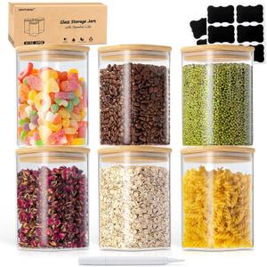 37 Oz Glass Storage Jars with Bamboo Lids - 6 Pack Clear Glass Canisters Square Airtight Stackable Ideal for Pantry Storage Containers Organizers Great for Storing Oats Coffee Beans Nuts