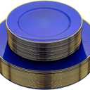 Hioasis 60pcs Blue and Gold Plastic Plates - Brown Disposable Dinnerware Set, 30pcs Dinner 10.25in & 30pcs Dessert 7.5in Plates with Striped Designs for Party & Wedding