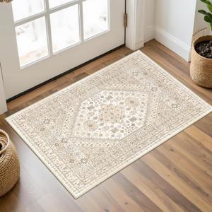 Entryway Rug - 2x3 Washable Rug Runner for Bathroom, Laundry Room, Kitchen, Soft Vintage Hallway Runner for Bedroom, Non-Slip Door Mat Indoor Entrance(Cream/Beige,2'x3')