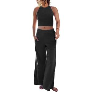Ugerlov Women's Two Piece Summer Sets Ribbed Tank Crop Top Wide Leg Pants 2 Piece Outfits Matching Lounge Sets Tracksuit, Black S