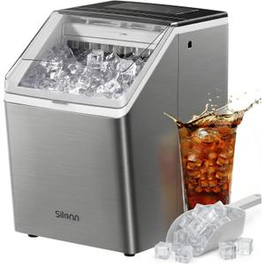 Silonn Stainless Steel Countertop Ice Maker, 44Lbs/Day High Efficiency, 2 Ways to Add Water, One-Click Auto Self-Cleaning, Portable Ice Machine Ideal for Home, Office, Bar & Party