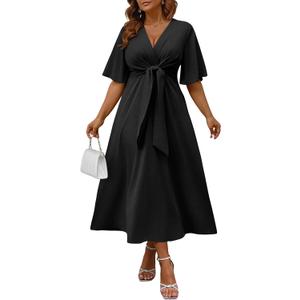 Ekaliy Women's Elegant Wedding Guest Dress Adjustable Tie Front V Neck Ruffle Sleeve A Line Formal Maxi Church Dresses (Black, L)