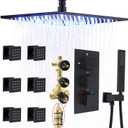 HOMEDEC 16inch Full Body Shower System with 6pcs Massage Body Jets, Matte Black Rain Shower Thermostatic Brass Faucets Complete Set, Ceiling Mounted