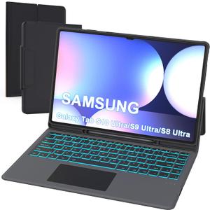 14.6 inch Samsung Galaxy Tab S9 Ultra /S8 Ultra/S10 Ultra Case with Keyboard - Folio Tablet Book Cover with Touchpad - 7 Colors Backlit Keyboard Case with S Pen Holder & Trackpad Black