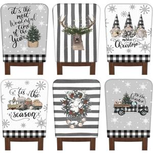 6 Pcs Christmas Chair Covers Christmas Chair Back Covers Xmas Chair Protector Slipcovers Washable Winter Dining Room Seat Covers for Home Hotel Kitchen Decorations (Black and White Checker)