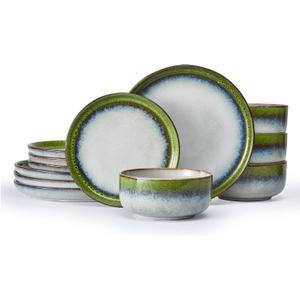 KINGSTONE Stoneware Dinnerware Sets for 4, Reactive Glaze, Kiln-Fired Green