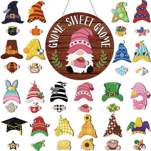 Wenqik 41 Pcs Interchangeable Sweet Gnome Signs Holiday Wooden Seasonal Gnome Decor Detachable Magnet Hat and Hand Welcome Sign for Home Decoration(Farmhouse,Dark Brown)
