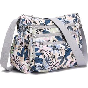 AOCINA Crossbody Bags for Women Multi Pocket Nylon Lightweight Ladies Purses Messenger Shoulder Handbags Satchel Travel Bag (Large, Gray Leaves)