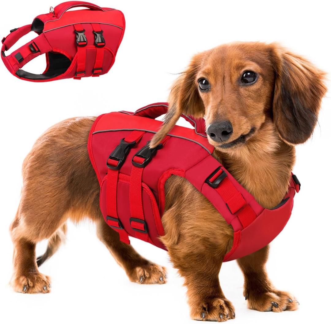 Queenmore Dog Life Jacket Medium,Dog Flotation Vest for Medium Dogs,Ripstop Dog Lifesaver with Rescue Handle,Dog Swimming Vest(Red,M)