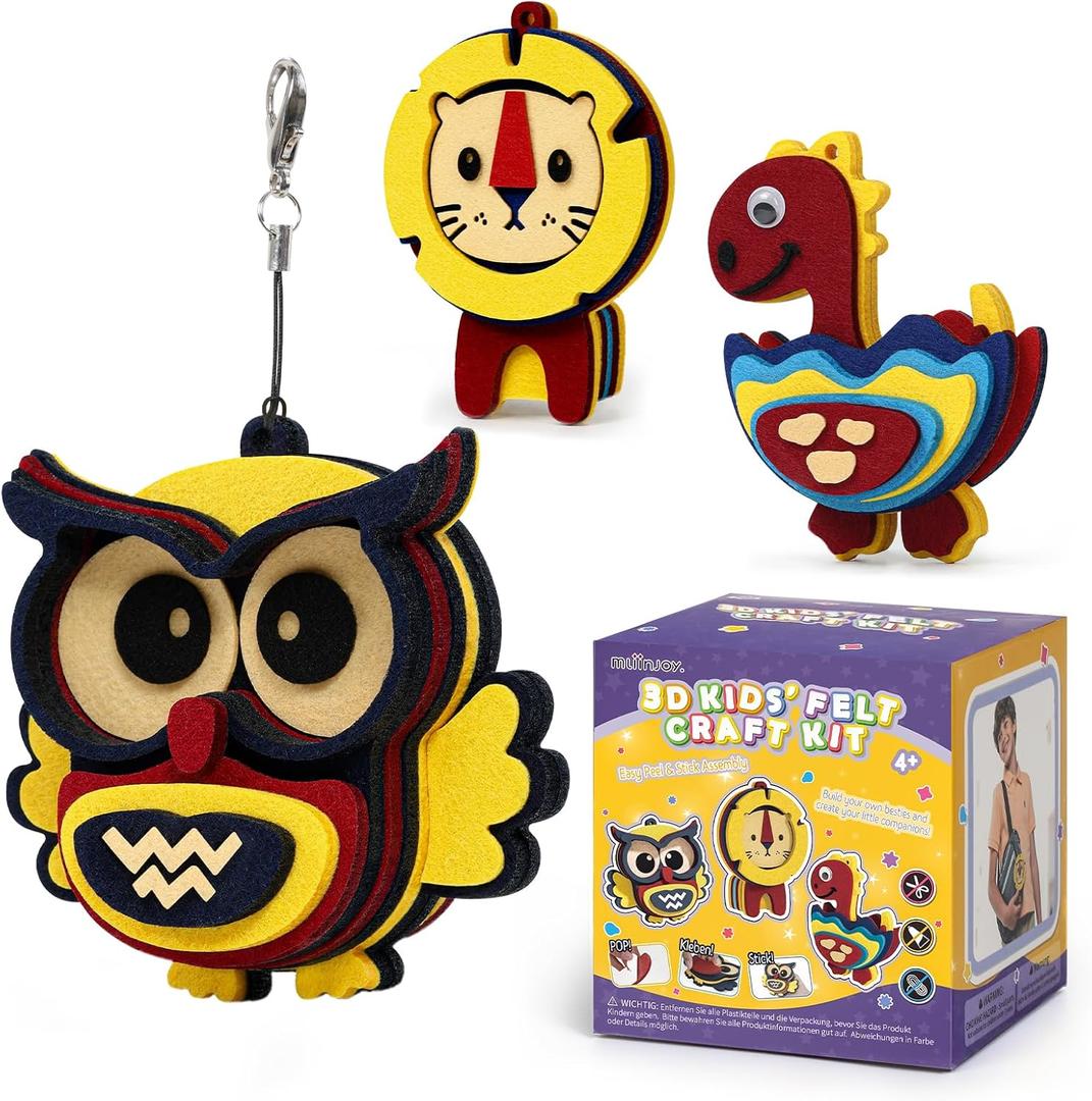 HENUIE Art Craft Activity Toys for Kids, DIY Foam Felt Kits, Make Your Own Animals Puzzles Decoration Pendant, Birthday Gifts for Boys & Girls Ages 4, 5, 6, 7,8 Year Old owl, Lion, Dinosaur