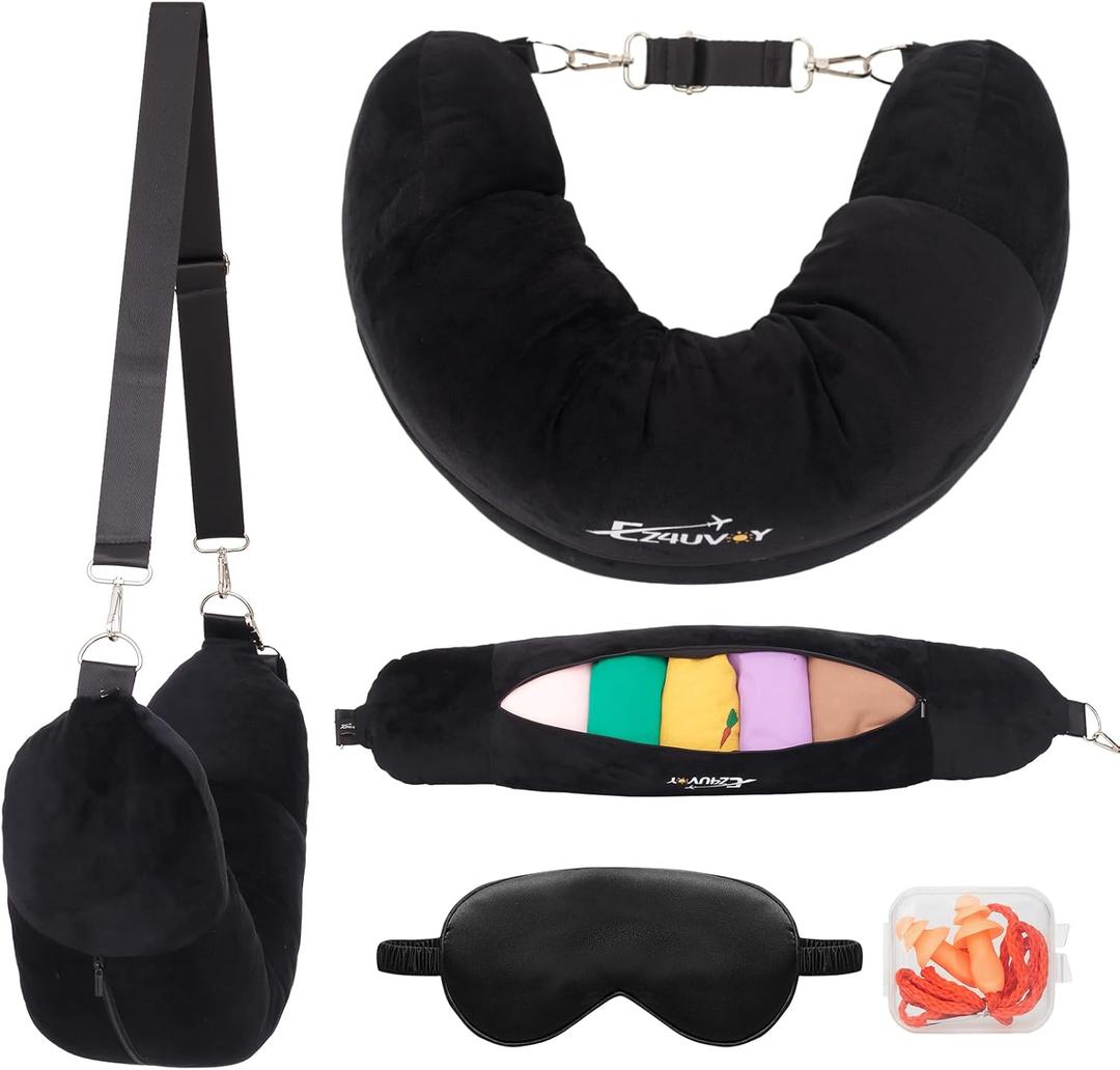 Travel Neck Pillow Stuffable with Clothes, Stuffable Neck Pillow for Travel, Packable Fillable Storage Bag for Airplane, Soft Velvet U Pillow Case Cover (Black)