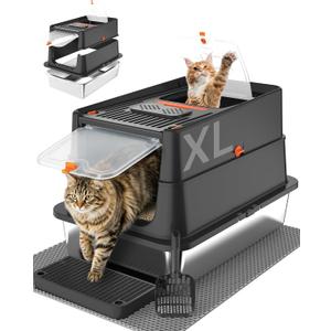 Stainless Steel Litter Box with Flip Lid, XL Extra Large Cat Litter Box with High Sided Top Entry Design, Anti-Leakage Enclosed Metal Litterbox for Big Cats, with Handle, Mat, Pedal & Scoop, Black
