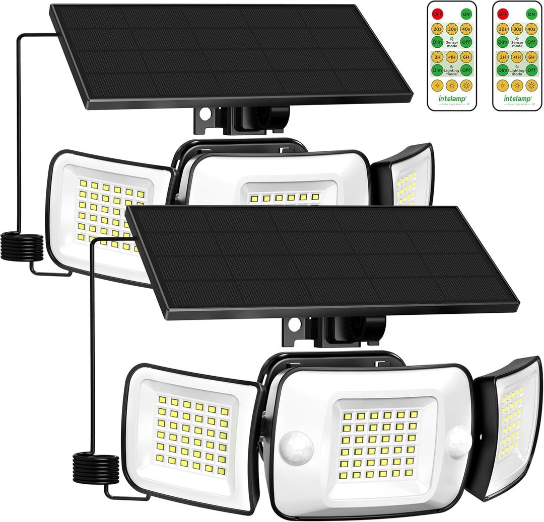 Solar Flood Lights Outdoor Waterproof, 2 Pack 6000mAh 1200LM Solar Powered Dual Motion Sensor LED Lighting Dusk to Dawn Security Floodlight Exterior with Remote 9.8ft Cable for Garden House