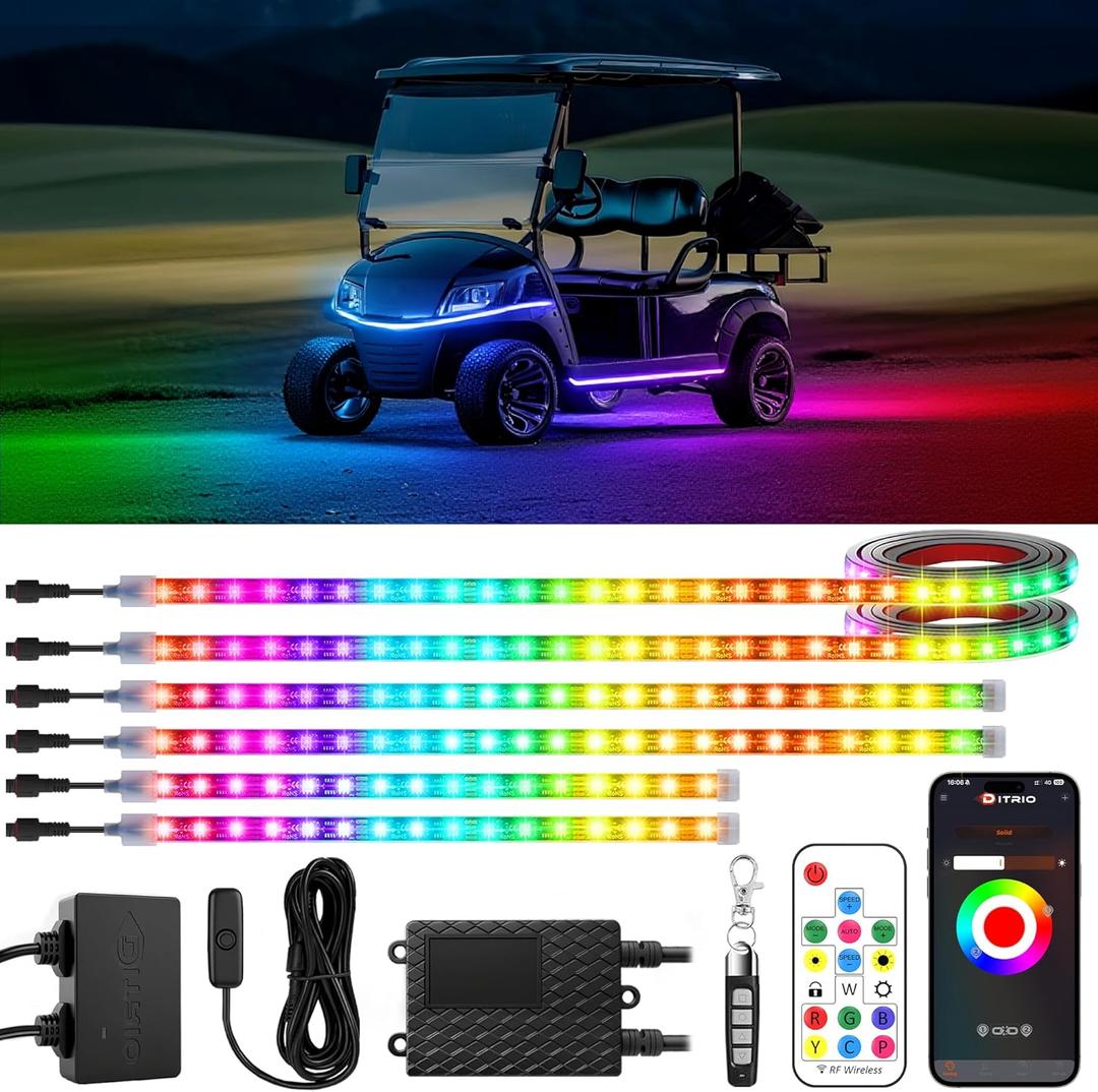 6pcs Golf Cart Led Lights with 12V-72V Voltage Reducer, RGB Led Underglow Light Kit with 2 Remotes and DITRIO App Control,Waterproof,Sound Active, Music Mode Battery Drain Protect Kill Switch