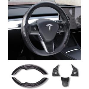 Tesla Model 3/Y Steering Wheel Cover, Carbon Fiber Steering Wheel Wrap Stickers for Tesla Model 3 Model Y 2017-2021 2022 2023 2024 Interior Accessories, Black