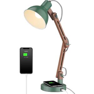 ELYONA LED Desk Lamp with Wireless Charger, Sapele Wood Reading Light with USB C Charging Port, Swing Arm Table Lamp for Home Office, College Dorm, Bedroom Living Room, Bulb Included, Vintage Green
