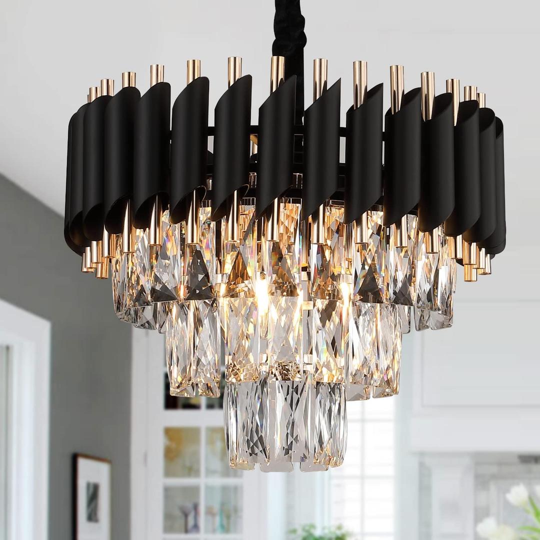 Modern Crystal Chandeliers 3 Tiers Black and Gold Pendant Light Fixtures 16 Round Flush Mount Chandeliers Ceiling Lighting Dimmable for Living Room Dining Room Foyer Bedroom Kitchen
