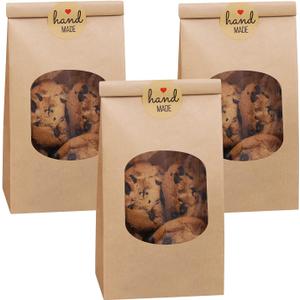 Eupako 3.54x2.36x6.7 Bakery Bags with Window 50 PCS Brown Tin Tie Tab Lock Bags Kraft Paper Bags for Cookies, Coffee, Included 50 PCS Handmade Stickers