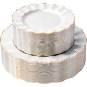 QualQuot 72PCS Pearl White Plastic Plates, Heavy Duty Disposable Party Plates with Gold Rim, 36 Dinner and 36 Dessert for Parties and Wedding