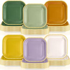 120 Pcs Nature Wedding Paper Plates 7 Inch Sage Green Purple Boho Colorful Disposable Square Dessert Plates with Gold Edge for Birthday Wedding Bridal Baby Shower Party Supplies, Yellow