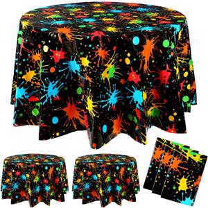 Tioncy 3 Pack Glow Party Table Covers Neon Round Tablecloths 84 84 Inch Disposable Plastic Paint Splatter Birthday Party Table Cloth for Glow in The Dark Black Light Supplies