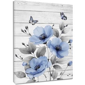 HVEST Rustic Blue Floral Wall Art for Bathroom, Blue and Gray Flower Butterfly on Rustic Wood Canvas Wall Art Country Wildflower pictures for Living Room Bedroom Wall Decor,16L X 12W inches