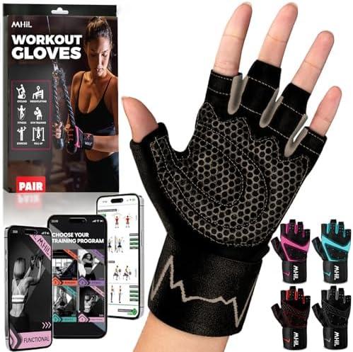 MhIL Workout Gloves for Women – Breathable Gym Gloves for Women with Palm Protection and Enhanced Grip – Padded Weight Lifting Glove for Womens with Wrist Wraps Support Weightlifting Exercise Cycling, L