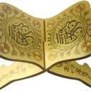 Milisten Wooden Book Stand Vintage Ramadan Quran Holder Folding Bible Display Stand Decorative Islamic Eid Mubarak Bookshelf Organizer for Reading Prayer Chapel Golden