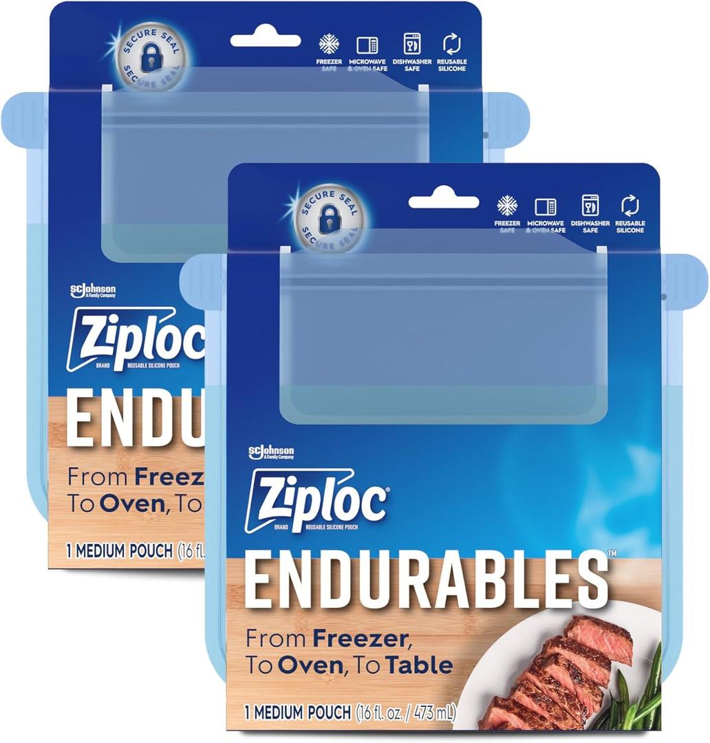 Ziploc Endurables Medium Pouch, 2 Cups, Reusable Silicone Bags and Food Storage Meal Prep Containers for Freezer, Oven, and Microwave, Dishwasher Safe, 2 Pack
