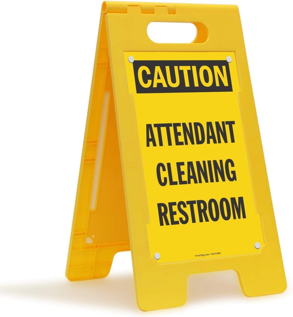 SmartSign 25 x 12 inch Caution - Attendant Cleaning Restroom Two-Sided Folding Floor Sign with Falling Symbol, Portable and Lightweight A-Frame, Easy Grip Handle, Plastic, Black and Yellow