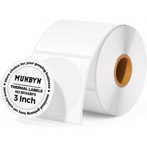 MUNBYN 3 Inch White Circle Thermal Sticker Labels, Multi-Purpose Self-Adhesive Round Thermal Stickers for Business, Inventory Labels, 500 Sheets/1 Roll