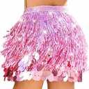 Unicra Gold Sequin Skirt Sparkly Fringe Skirt Glitter Belly Dance Hip Scarf for Women (Pink)