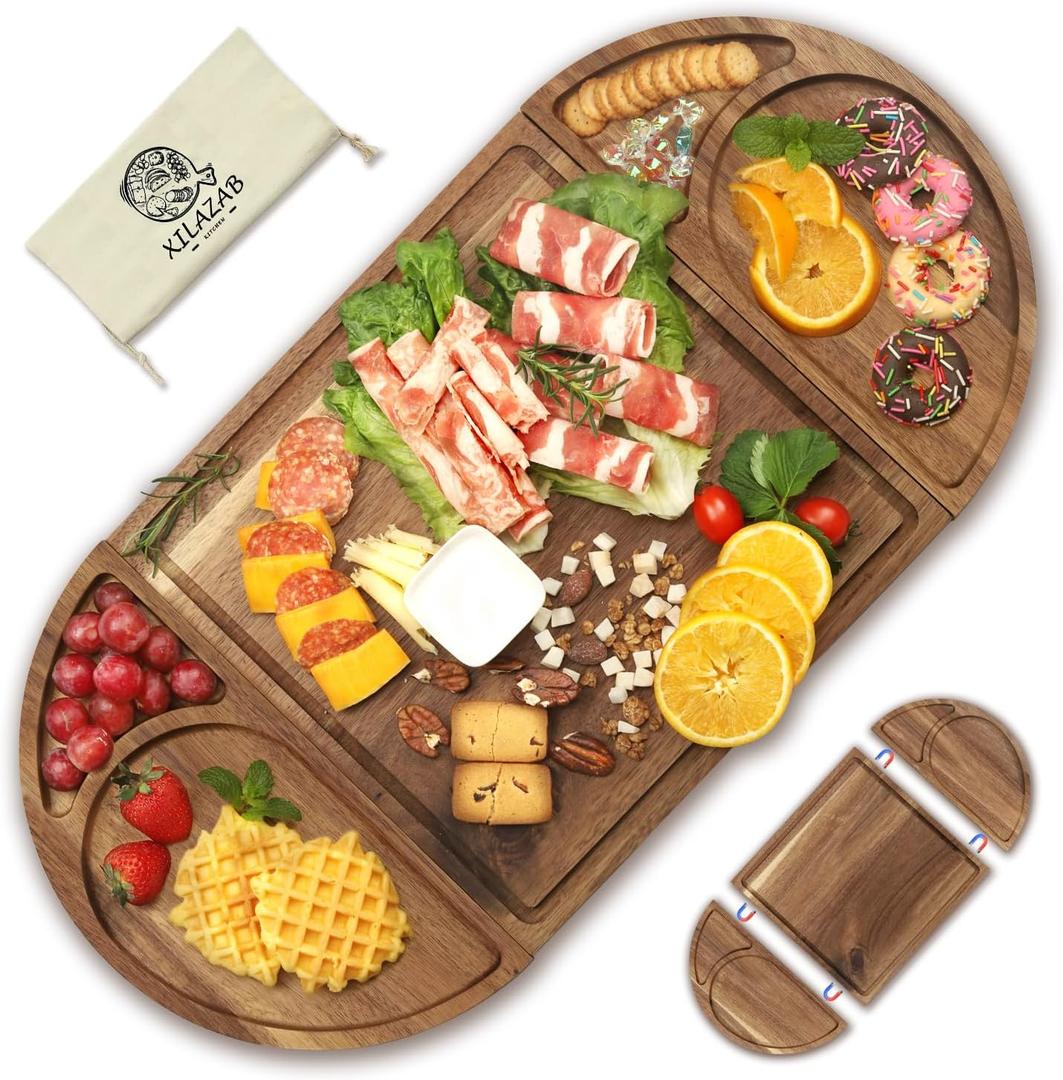 Extra Large Magnetic Charcuterie Board Cheese Board Gift Set 3 Part Square & Round & Heart Shaped Acacia Wood Charcuterie Cheese Boards Wooden Tray Serving Board Platter for Valentine