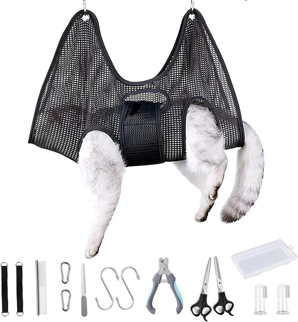MollsaPet Grooming Hammock for Dogs & Cats with Nail Clippers/Nail Trimmers/Scissors/Toothbrush, Dog Grooming Harness for Nail Trimming Pet Home Grooming Assistant 14-Piece Set (S)