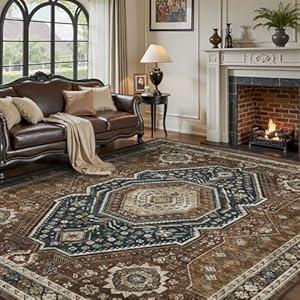 RESARE-Area Rug 9X12 Rug for Living Room-Machine Washable Rugs for Bedroom-Soft Vintage Blue Orange Non Slip Carpet- Rug for Dining Room Office Under Bed or Table