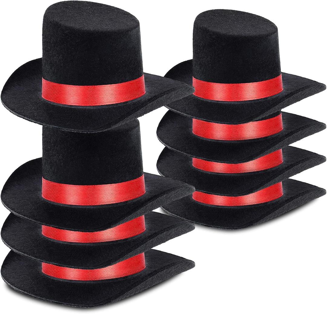 8 Pieces Snowman Hats for Crafts Black Felt Mini Top Hats with Red Ribbon Christmas Party Decor for Snowman Doll Craft DIY